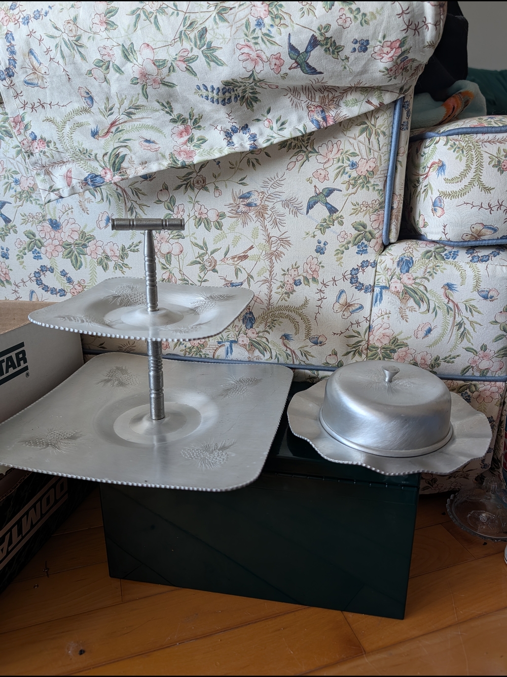 Vtg Aluminum 2 Tier Serving Tray And Butter Dish